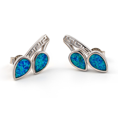 925 con la llave Garnet Stud Meander Opal azul natural de Sterling Silver Greek   Pendientes para las mujeres