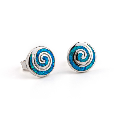 925 con el azul dominante de Sterling Silver Vintage Greek   Pendientes espirales del ópalo del perno prisionero del meandro para las mujeres