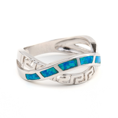 925 con el azul natural dominante de Sterling Silver Greek   Meandro Ring Real Fire Opal Jewelry del ópalo