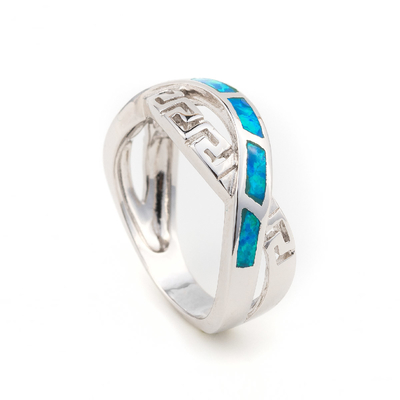 925 con el azul natural dominante de Sterling Silver Greek   Meandro Ring Real Fire Opal Jewelry del ópalo