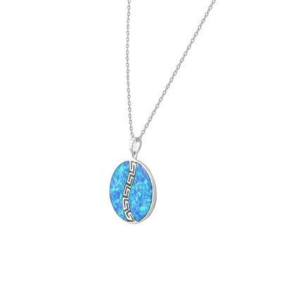 Espiral simulado azul de 925 Sterling Silver Opal Greek Key Meander Meandros alrededor del collar pendiente