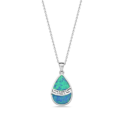 Collar pendiente espiral simulado azul de 25 Sterling Silver Opal Greek Key Meander Meandros