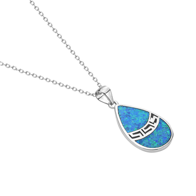Collar pendiente espiral simulado azul de 25 Sterling Silver Opal Greek Key Meander Meandros