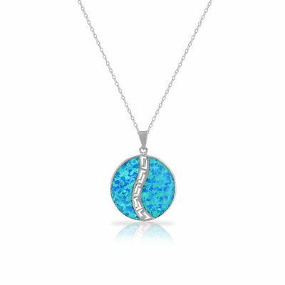 Collar pendiente espiral simulado azul de 25 Sterling Silver Opal Greek Key Meander Meandros