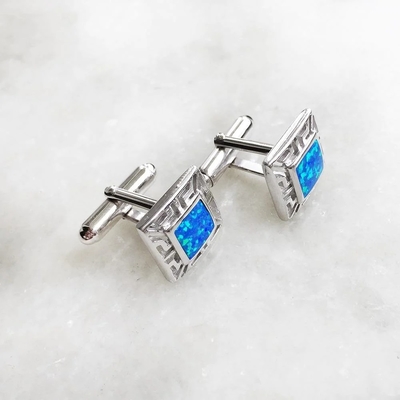 925 con el meandro del ópalo griego y Emerald Square Cufflink Earrings de Sterling Silver Bule