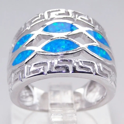 Joyería azul de Sterling Silver Ring Blue Opal del sólido 925 de Opal Greek Key Design Wraparound para los hombres