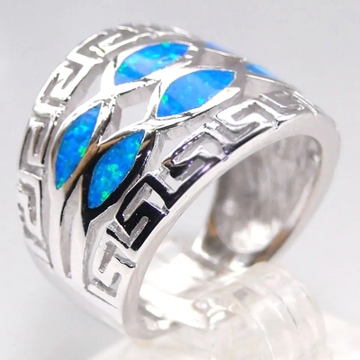 Joyería azul de Opal Greek Key Design Wraparound 925 Sterling Silver Ring Handmade Opal para las mujeres