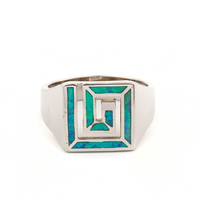 Joyería azul de Opal Greek Key Design Wraparound 925 Sterling Silver Ring Handmade Opal para las mujeres