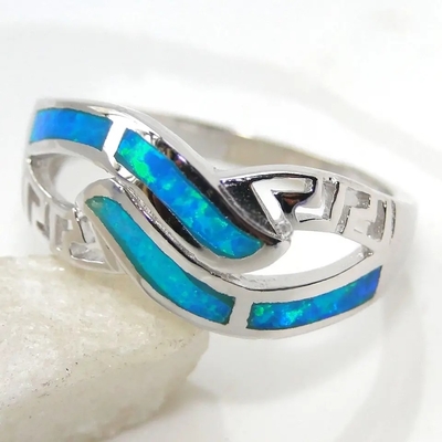925 Sterling Silver Greek Design Jewelry, Opal Meandros Engagement Wedding Ring azul