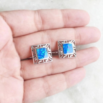 Arreglo para requisitos particulares al por mayor 925 pendientes dominantes del aro de Sterling Silver Blue Opal Greek medios para las mujeres
