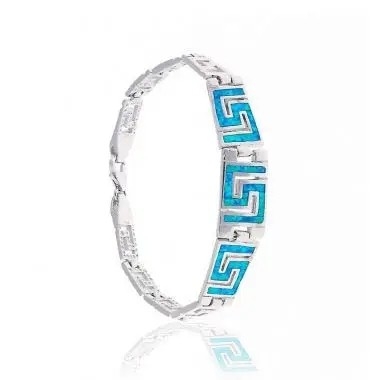 Pulsera azul de Opal Gemstone Bangle Blue Opal del fuego de Sterling Silver Jewelry Greek Key del estilo griego 925