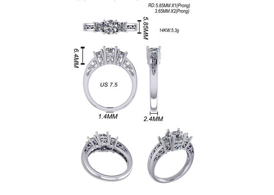 joyería del oro sólido de 0.8ct 14k, diente que fija RD5.85mm Diamond Three Stone Ring