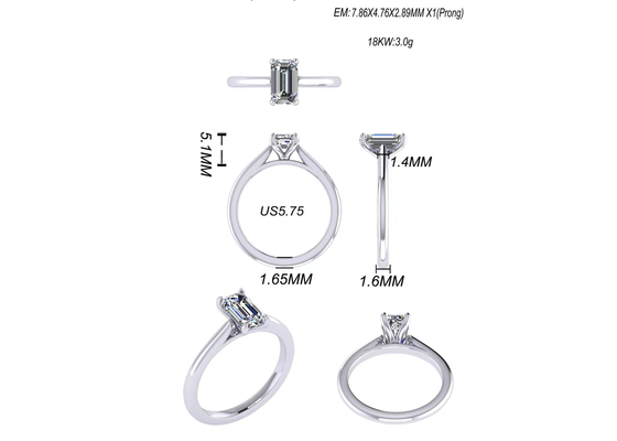 1,05 joyería del oro sólido del Ct 14K, Emerald Cut Diamond Engagement Rings EM7.86×2.89MM