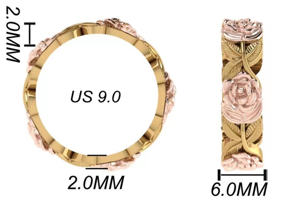 tri anchura 6m m de Ring Thickness 2m m del compromiso de la flor y de la hoja del color 14K