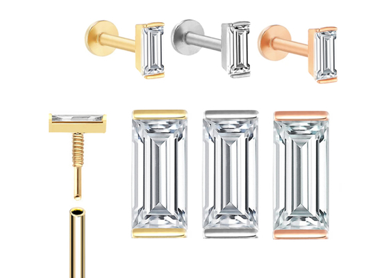 ODM de perforación del OEM del pendiente de la joyería del cuerpo del oro 14K con el diamante del rectángulo