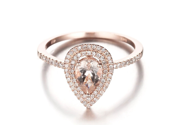 La pera cortó el ODM doble del peso 0.79ct del anillo de compromiso 6×9M M del Morganite del halo