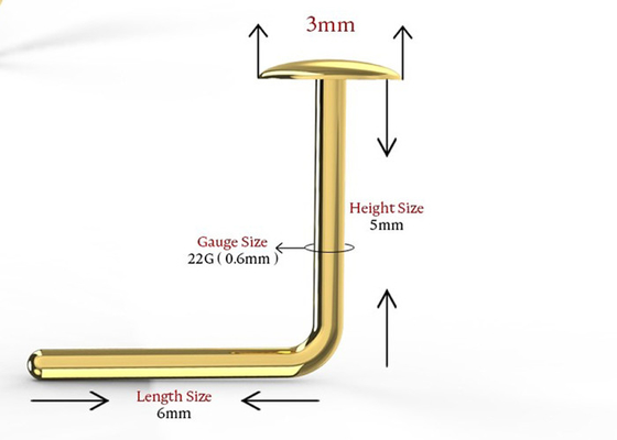 L forma el estilo de perforación del botón de la nariz del oro 18K para las mujeres longitud de 6m m + de 5m m