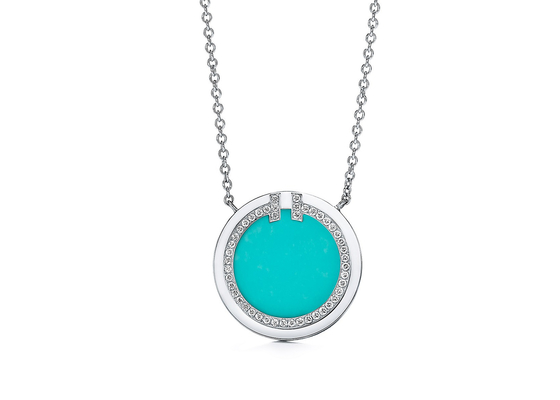 18k oro blanco Diamond And Turquoise Circle Pendant con la cadena 16-18inch